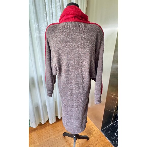 Vintage 80s sweater dress, taupe, red yellow geometric shapes, rolled cowl neck - Picture 7 of 10